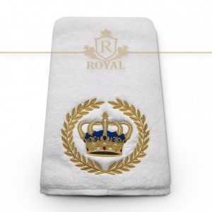 Prosop baie Brodat Coroana Royal , bumbac 100%, alb, 70x140cm – 680gr/mp